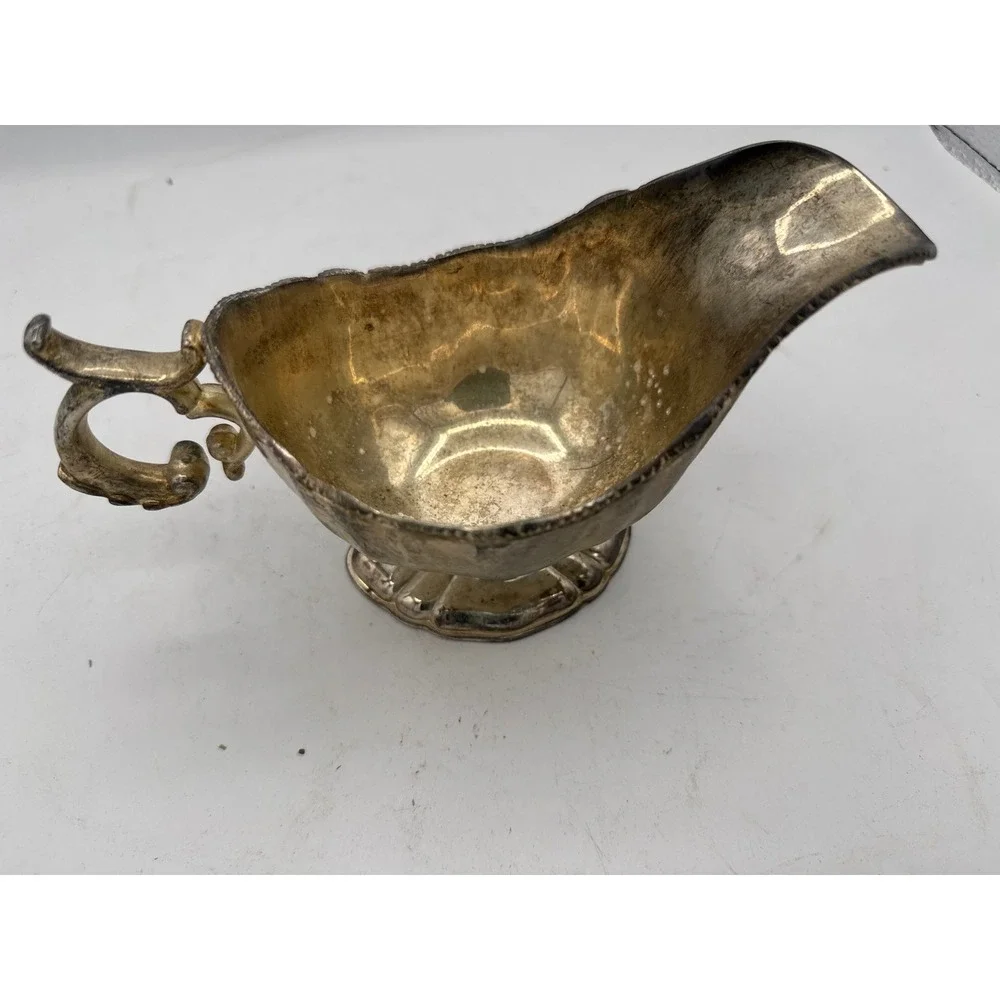 Vintage Silver Plated Footed Gravy Boat Scrolled Handle Tarnished Scalloped Base